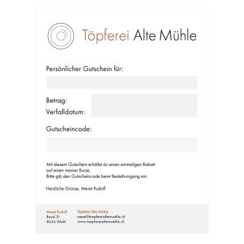 Vorschau Gutschein Töpferkurs mit Meret Rudolf in der Töpferei Alte Mühle, Wald (Kanton Zürich)